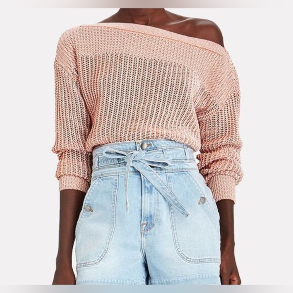 Intermix Megan Two-Tone Cotton Asymmetric Neck Open Knit Sweater